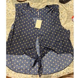 NWT Free People Blue Combo Geometric Print Tie Front Sleeveless Blouse Large